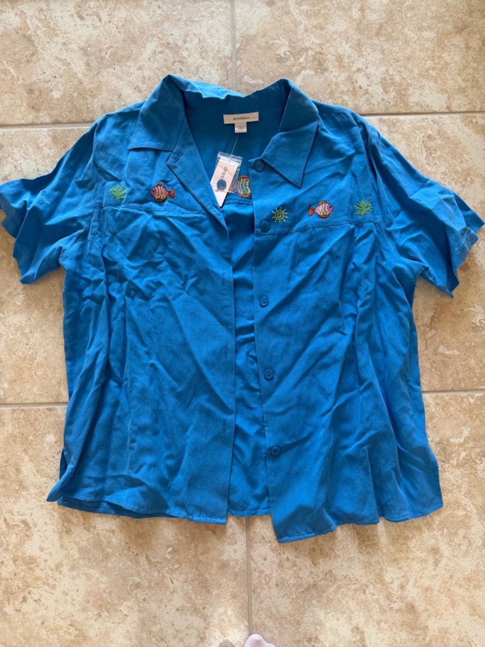 Dressbarn XL 2PC Blue Embroidered Fish Set Shirt Pants Costal Beach Outfit NWT